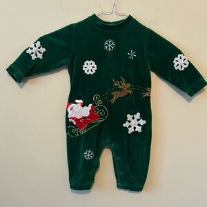 Santa & Reindeer Green Velvet Baby Romper‎ 12 Months Embroidered Front/Back